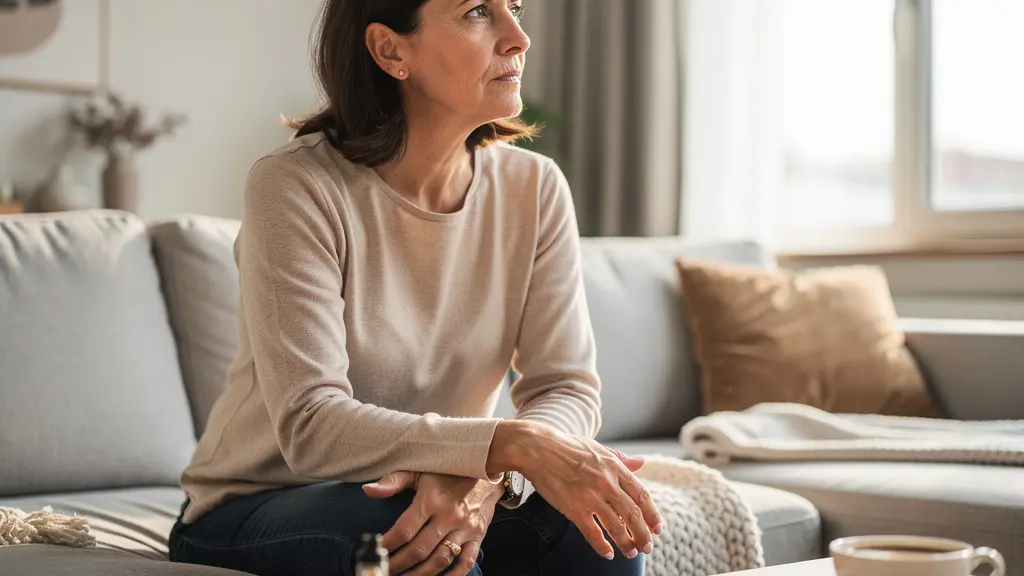 Femme 45 ans en réflexion dans son salon avec vapoteuse posée sur table, moment de décision sevrage tabagique