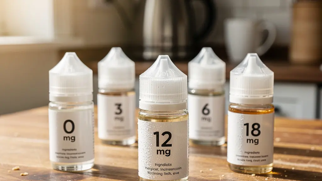 Plusieurs flacons d'e-liquide avec dosages nicotine différents sur comptoir cuisine