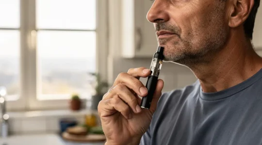 Homme d'âge moyen tenant une cigarette électronique, moment de réflexion sur le sevrage tabagique