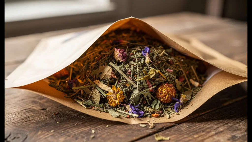 Mélange de substituts naturels au tabac dans sachet kraft ouvert sur table en bois