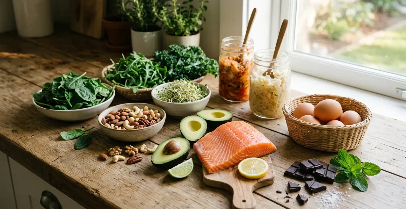 Composition artistique d'aliments riches en nutriments essentiels avec fond naturel apaisant