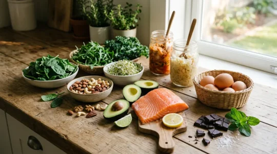 Composition artistique d'aliments riches en nutriments essentiels avec fond naturel apaisant