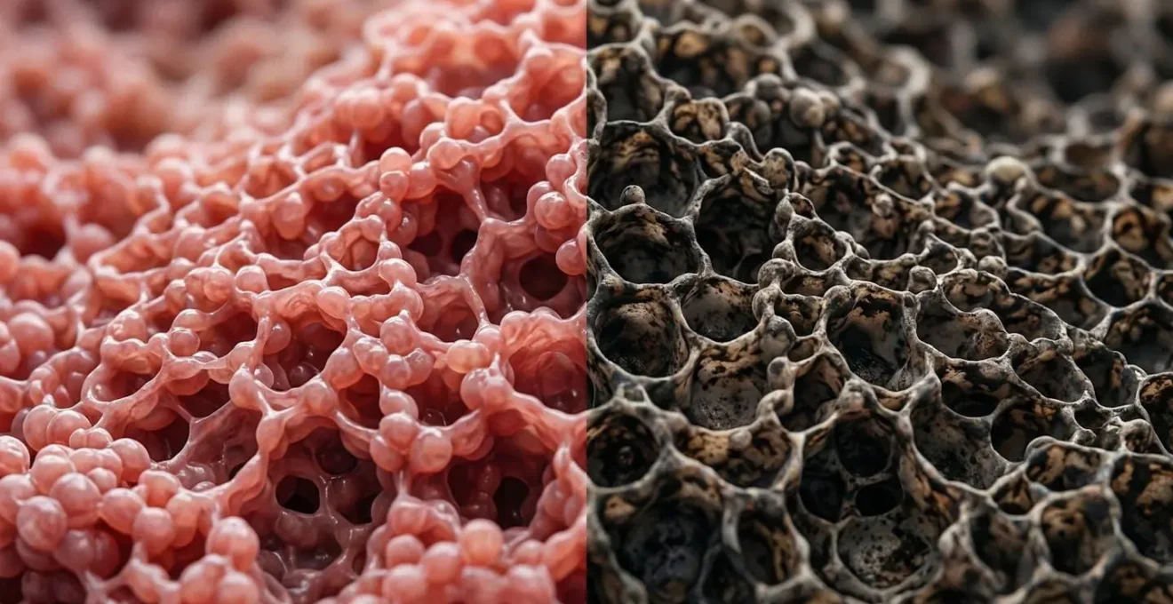Comparaison microscopique d'alvéoles pulmonaires saines et endommagées par le goudron