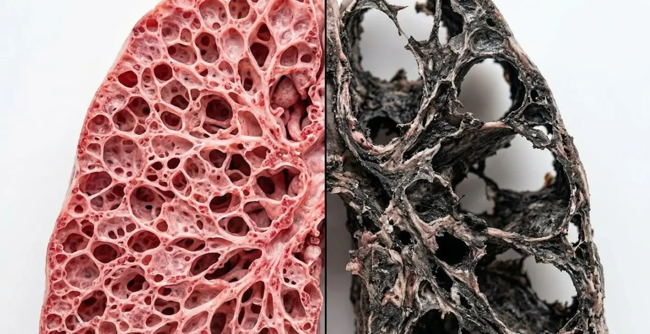 Comparaison macro d'alvéoles pulmonaires saines et endommagées par le tabac