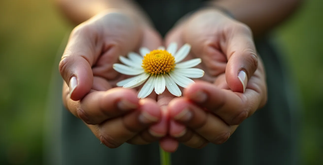 Gros plan sur des mains tenant délicatement une fleur, symbolisant le retour progressif du plaisir