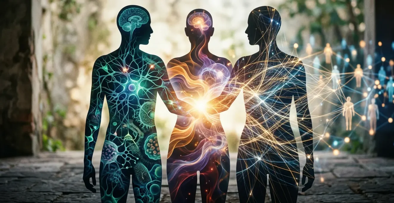 Illustration représentant les trois dimensions interconnectées du traitement de l'addiction : biologique, psychologique et sociale