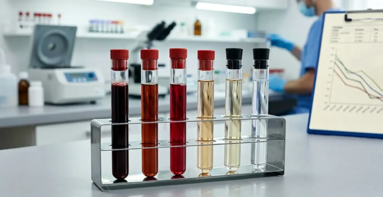 Analyse médicale de sang avec tubes et résultats graphiques montrant l'évolution des marqueurs hépatiques