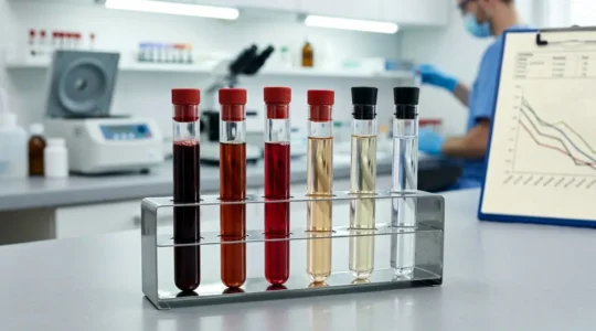 Analyse médicale de sang avec tubes et résultats graphiques montrant l'évolution des marqueurs hépatiques