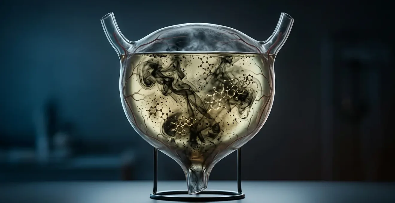 Visualisation scientifique de la vessie humaine avec représentation des toxines tabagiques dans l'environnement urinaire