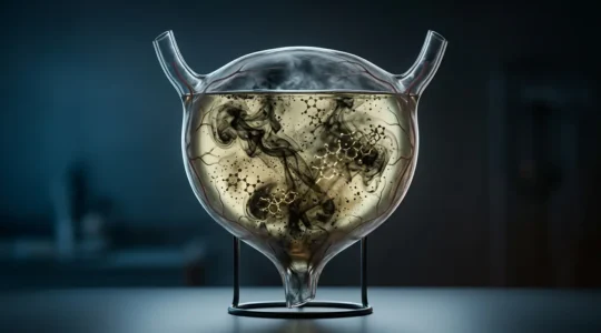 Visualisation scientifique de la vessie humaine avec représentation des toxines tabagiques dans l'environnement urinaire