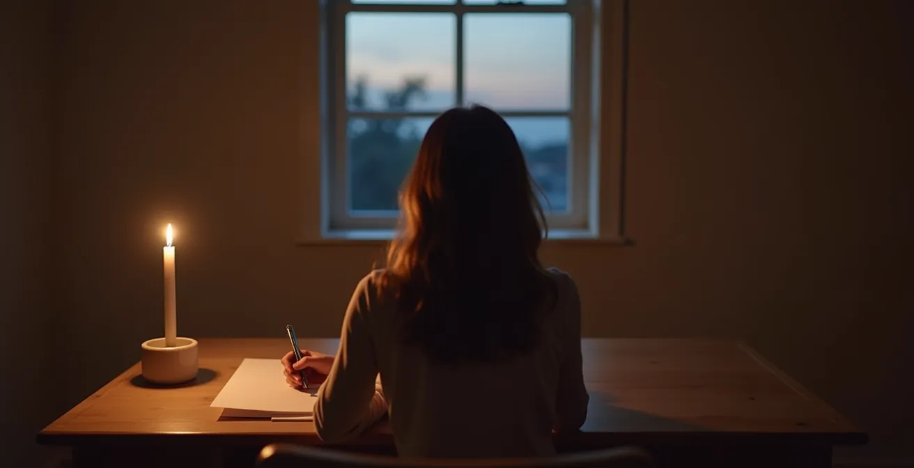 Vue d'ensemble d'un bureau minimaliste avec une personne écrivant une lettre à la lueur d'une bougie