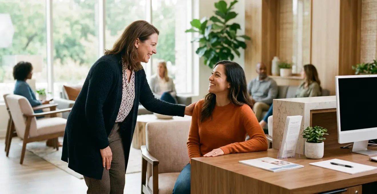Hall d'accueil lumineux d'un centre de soins avec une personne bienveillante accueillant un patient