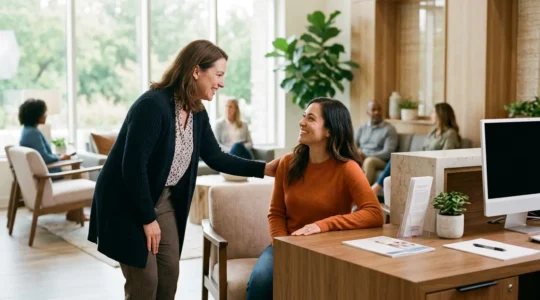 Hall d'accueil lumineux d'un centre de soins avec une personne bienveillante accueillant un patient
