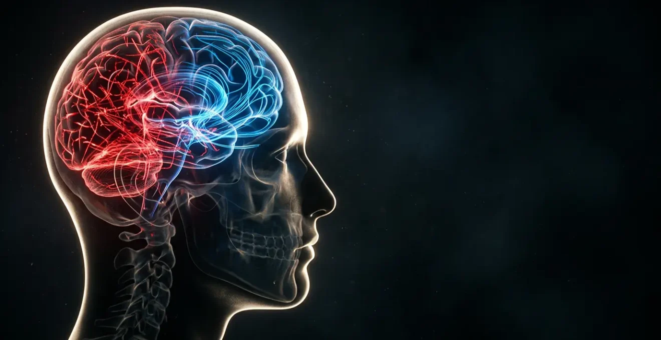 Vue symbolique d'un cerveau humain avec circuits neuronaux illuminés en cours de transformation