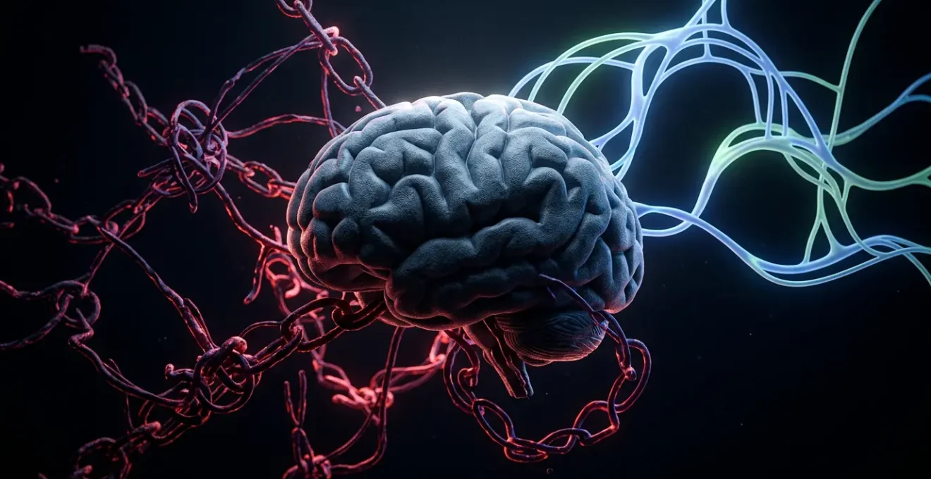 Cerveau humain entouré de synapses lumineuses illustrant les circuits neuronaux de l'addiction
