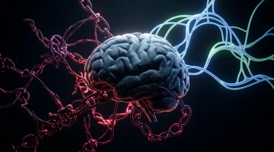 Cerveau humain entouré de synapses lumineuses illustrant les circuits neuronaux de l'addiction