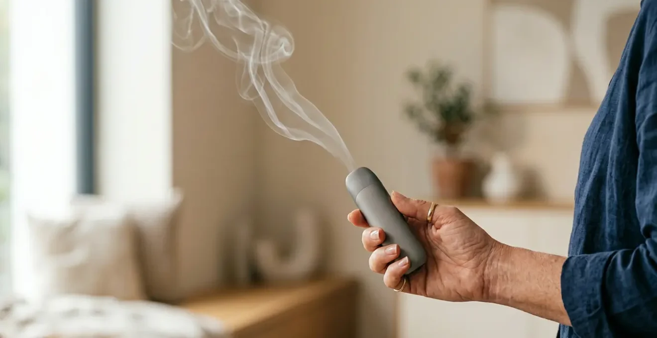 Main tenant délicatement un pod moderne avec vapeur douce s'échappant sur fond minimaliste