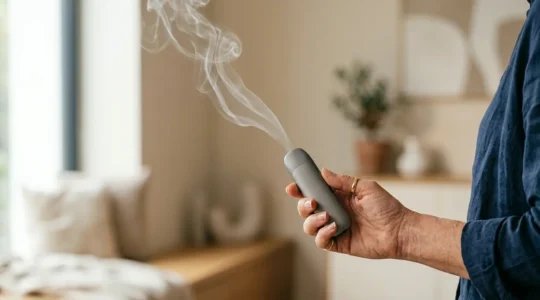 Main tenant délicatement un pod moderne avec vapeur douce s'échappant sur fond minimaliste