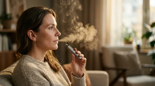 Personne tenant une cigarette électronique moderne avec vapeur dorée dans la lumière naturelle