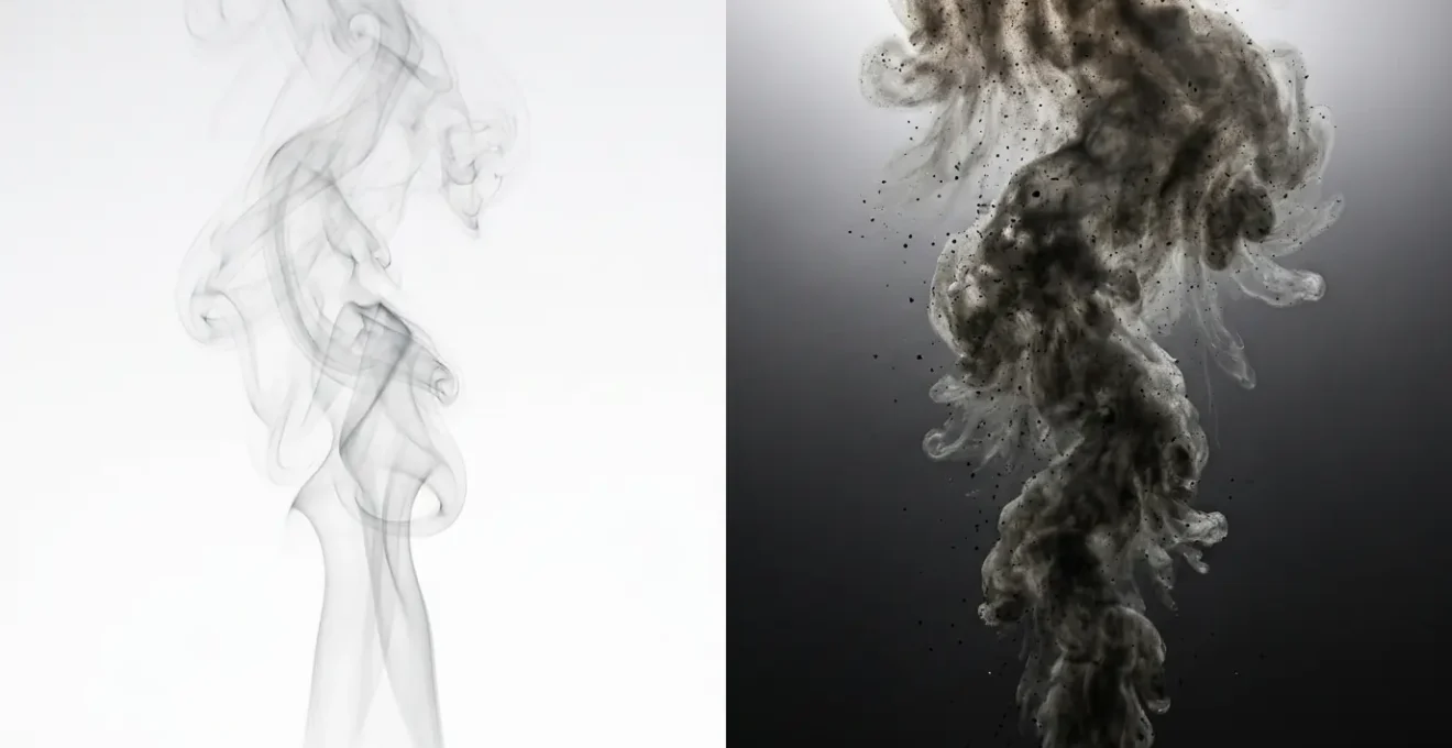 Comparaison visuelle entre la vapeur de cigarette électronique et la fumée de tabac dans un environnement lumineux