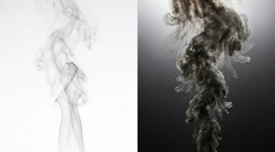Comparaison visuelle entre la vapeur de cigarette électronique et la fumée de tabac dans un environnement lumineux