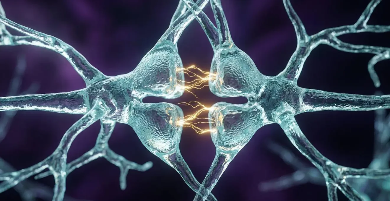 Vue macro de synapses neuronales en train de se reconnecter avec éclats de lumière dorée