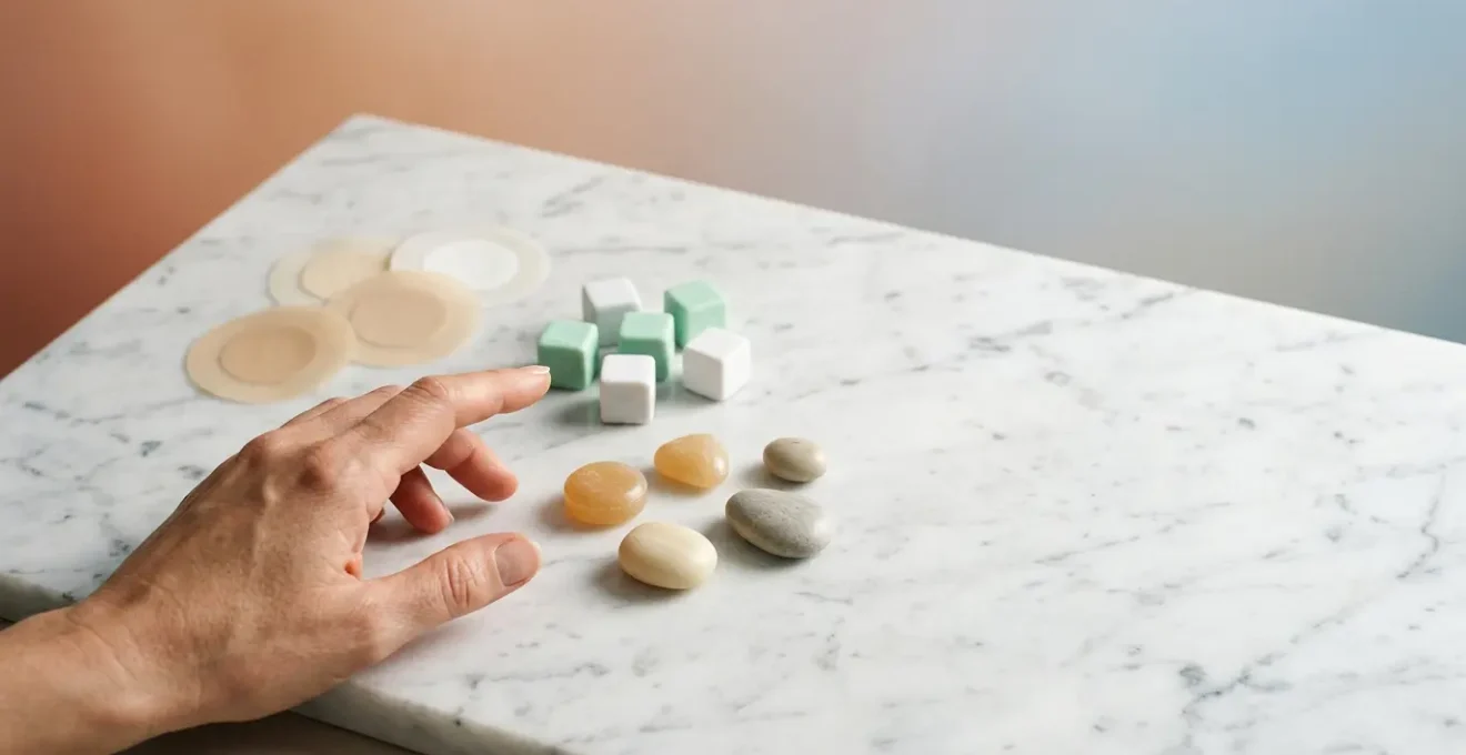 Composition moderne montrant plusieurs formes de substituts nicotiniques disposés de manière artistique avec main tendue vers eux