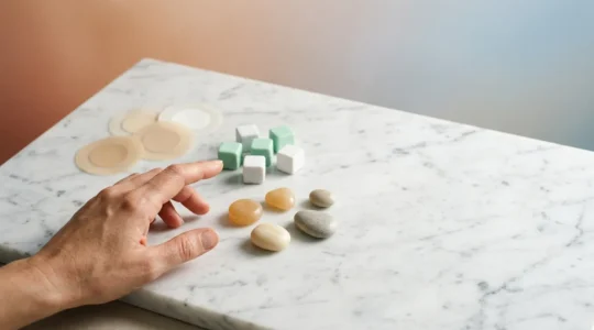 Composition moderne montrant plusieurs formes de substituts nicotiniques disposés de manière artistique avec main tendue vers eux