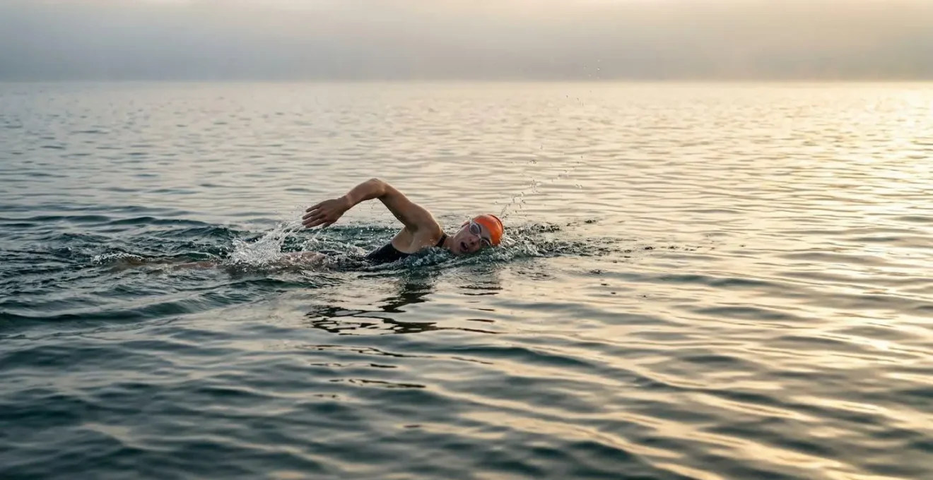 Nageur en eau libre effectuant une respiration bilatérale avec reflets dorés sur l'eau