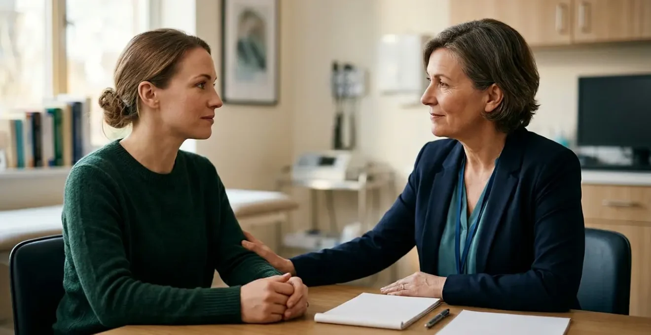 Patient en consultation avec professionnel de santé dans un environnement médical bienveillant pour l'accompagnement du sevrage aux opioïdes