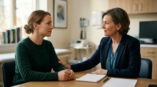 Patient en consultation avec professionnel de santé dans un environnement médical bienveillant pour l'accompagnement du sevrage aux opioïdes