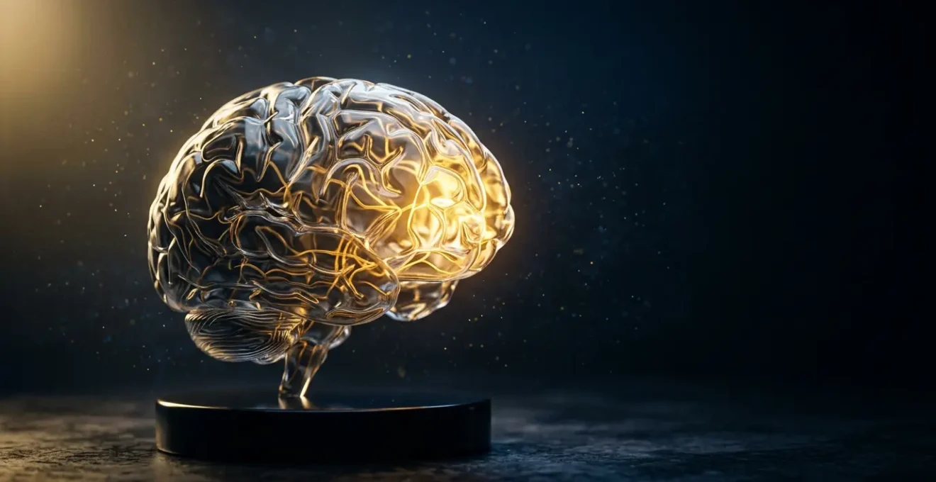 Cerveau humain lumineux en processus de guérison avec circuits neuronaux dorés sur fond sombre