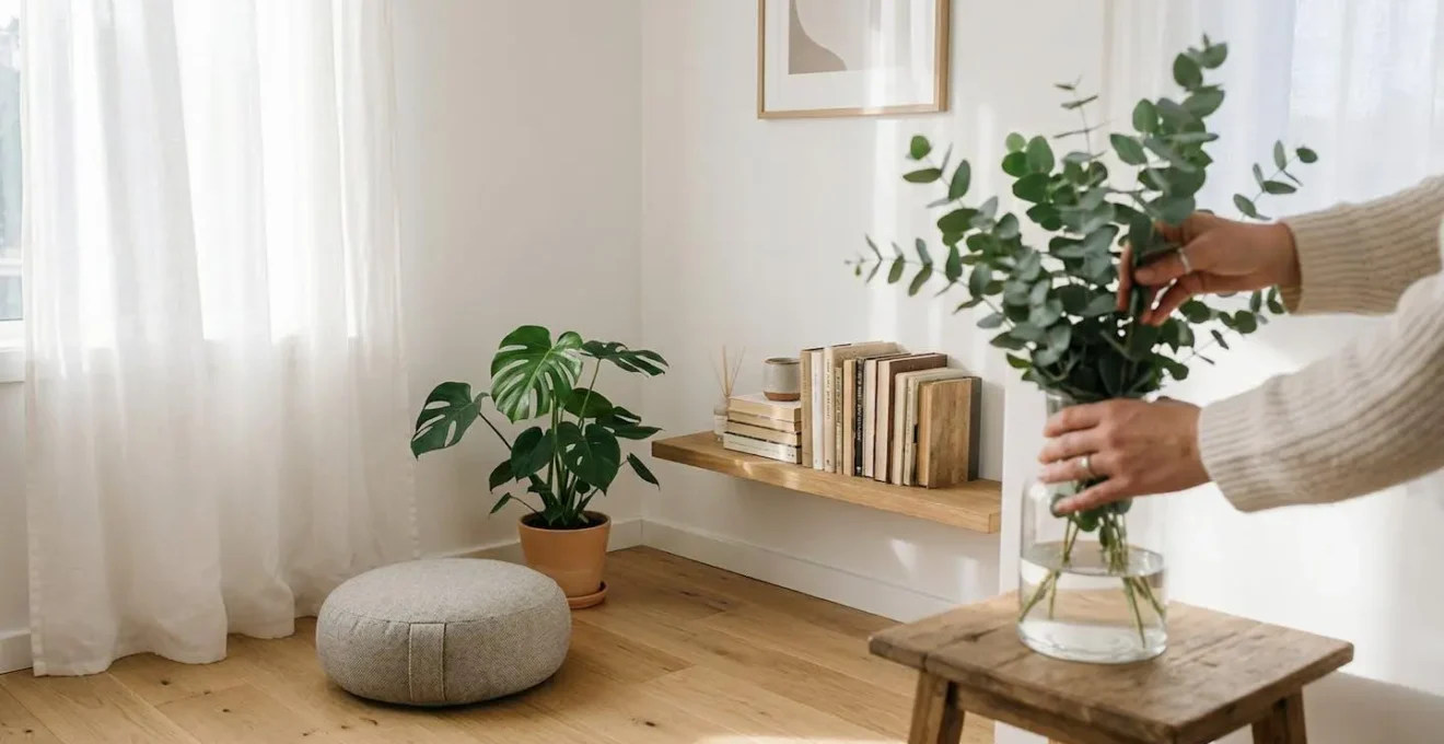 Intérieur épuré avec fenêtre ouverte laissant entrer la lumière naturelle et des plantes vertes