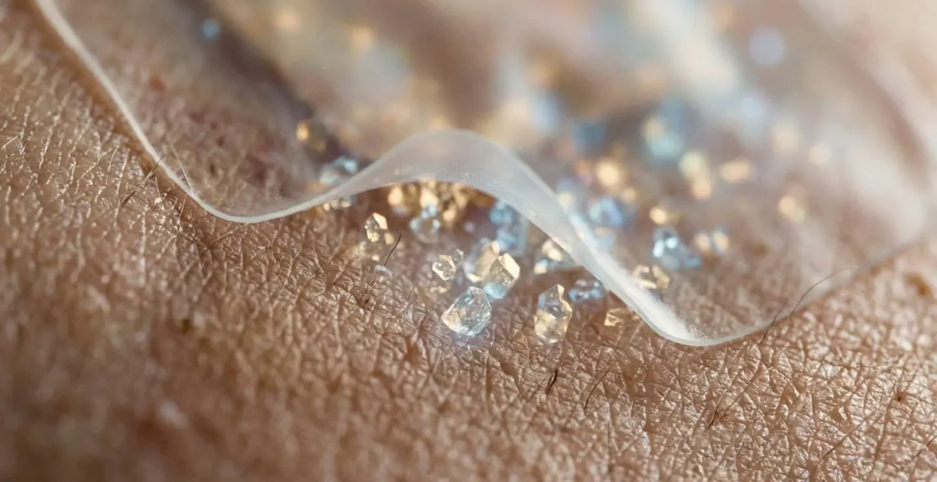 Vue macro d'une surface cutanée avec un patch translucide montrant la diffusion progressive
