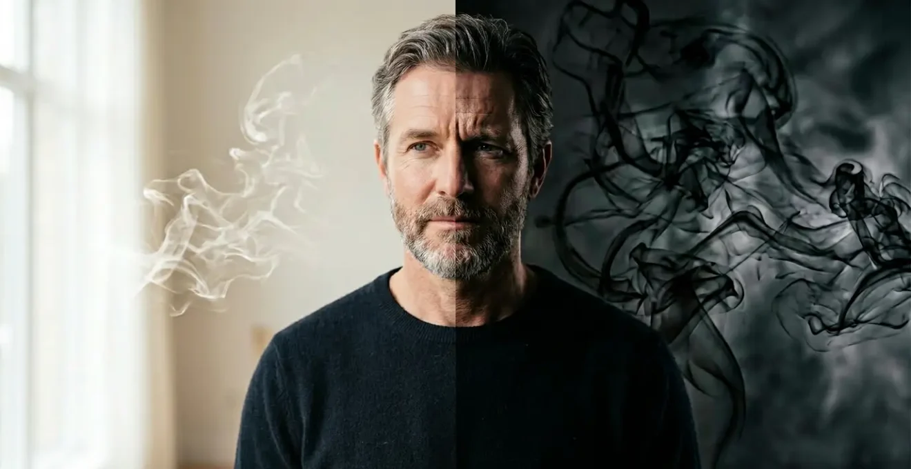 Portrait en double exposition montrant le conflit intérieur d'une personne en sevrage tabagique