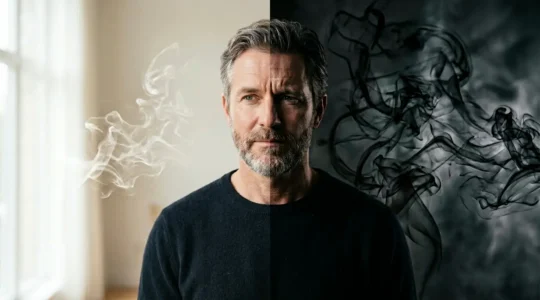 Portrait en double exposition montrant le conflit intérieur d'une personne en sevrage tabagique