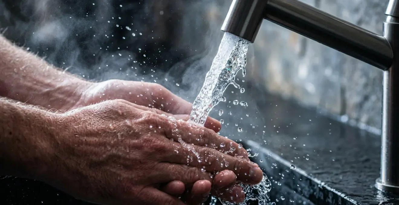 Mains sous un jet d'eau froide avec effet de brume et gouttelettes