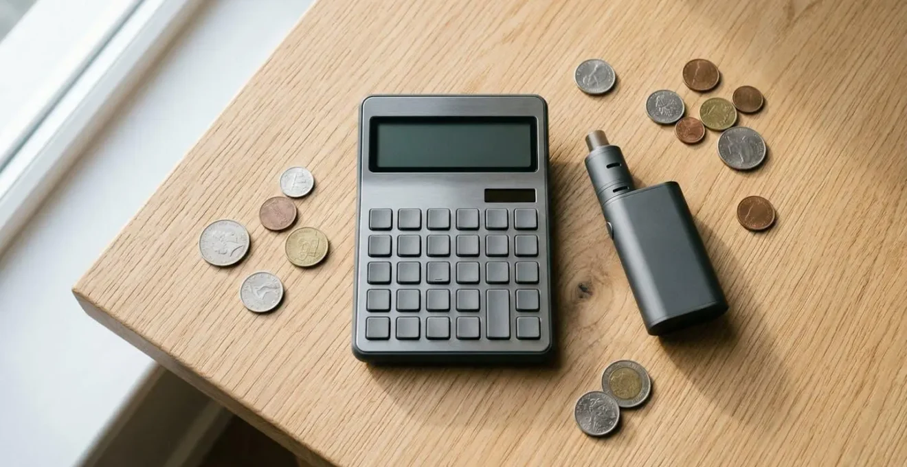 Bureau minimaliste avec calculatrice moderne et dispositif de vapotage élégant sur surface bois clair