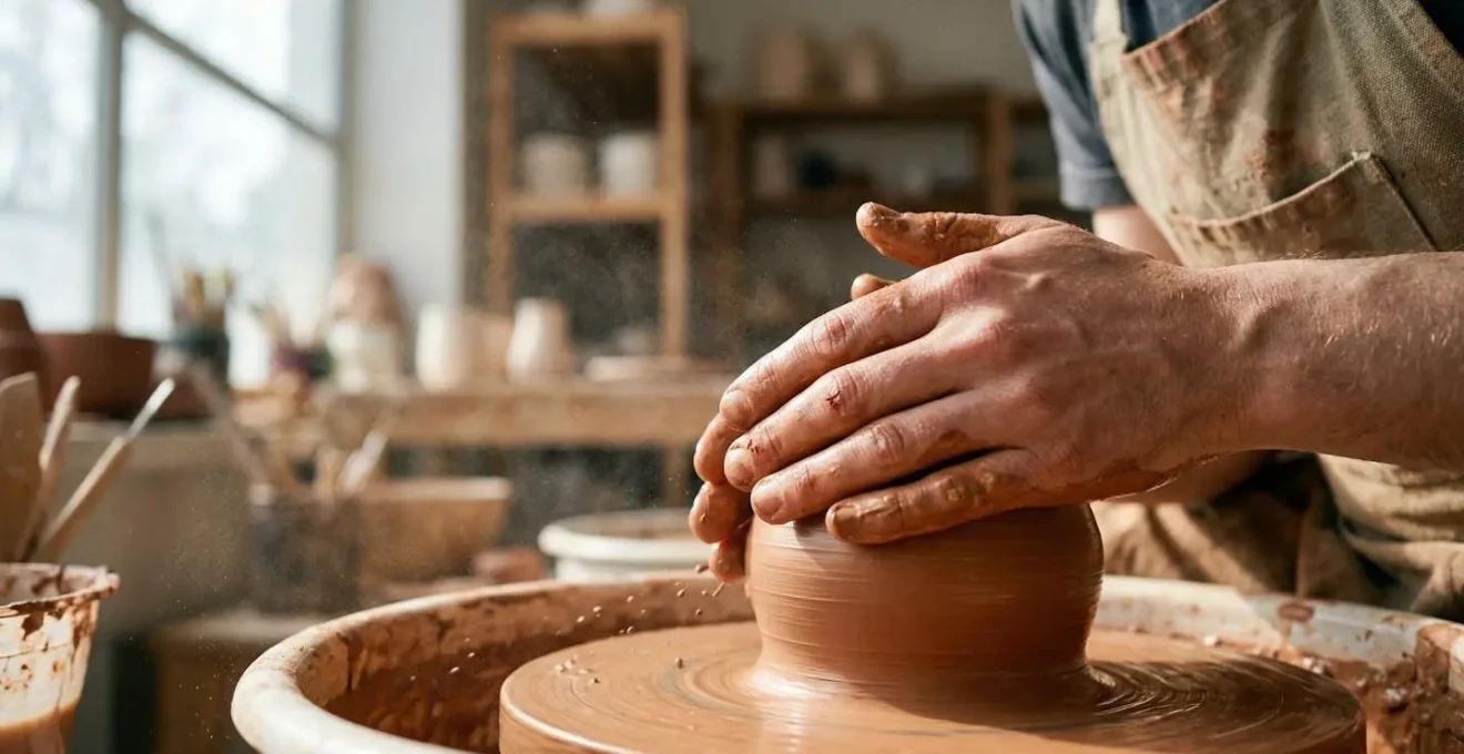 Portrait d'une personne découvrant un nouveau hobby créatif dans un atelier lumineux