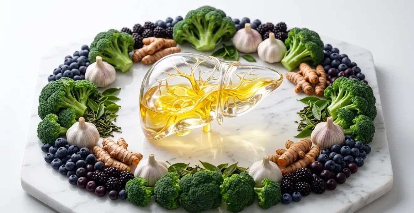Composition artistique montrant un foie sain entouré d'aliments détoxifiants naturels