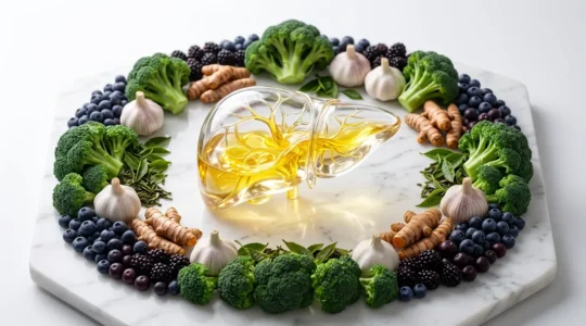 Composition artistique montrant un foie sain entouré d'aliments détoxifiants naturels