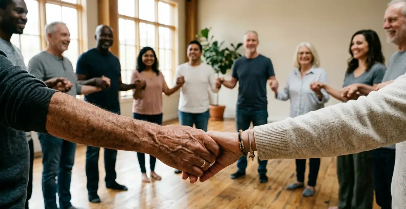 Cercle de personnes diverses se tenant par les mains dans un espace lumineux symbolisant l'entraide et le soutien mutuel