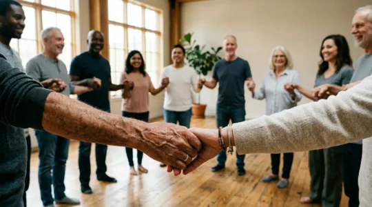 Cercle de personnes diverses se tenant par les mains dans un espace lumineux symbolisant l'entraide et le soutien mutuel