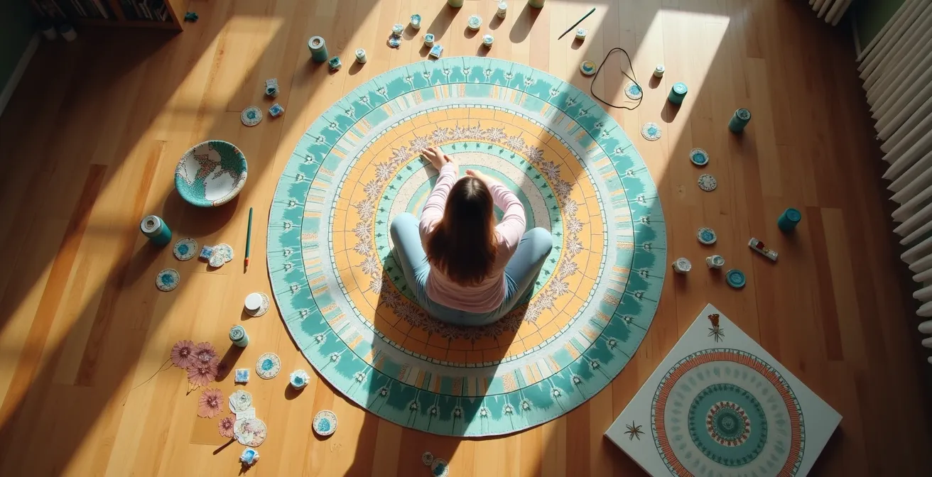 Vue aérienne d'une personne créant une œuvre d'art collaborative