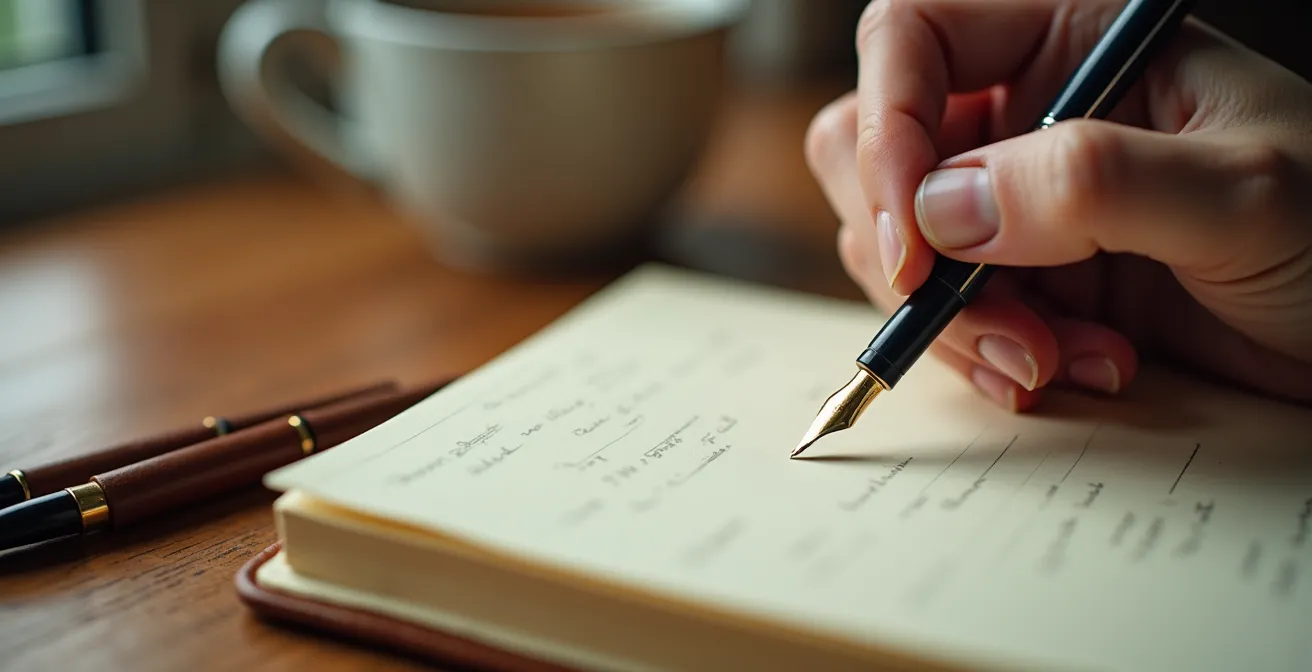 Main écrivant dans un journal intime avec une tasse de thé