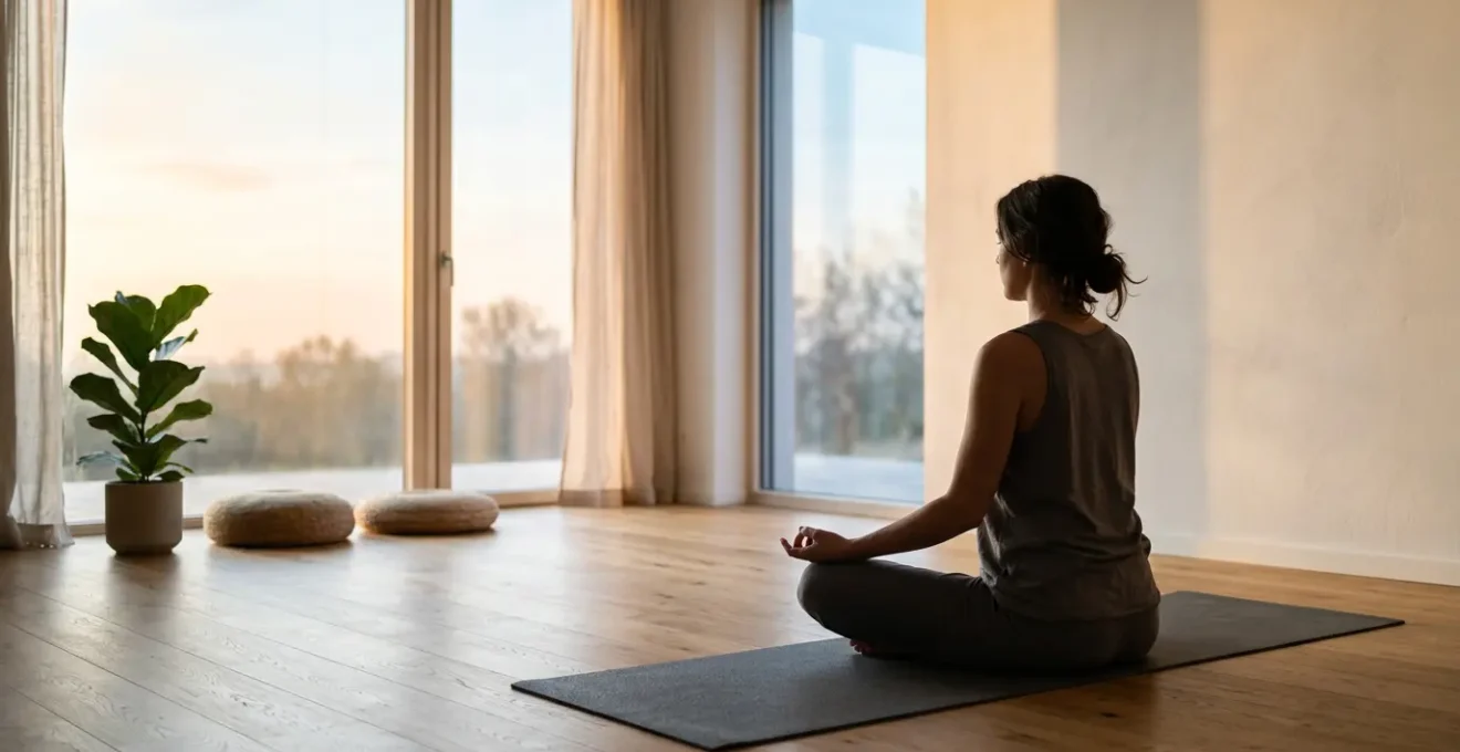 Personne en position de méditation face au lever du soleil dans un intérieur épuré