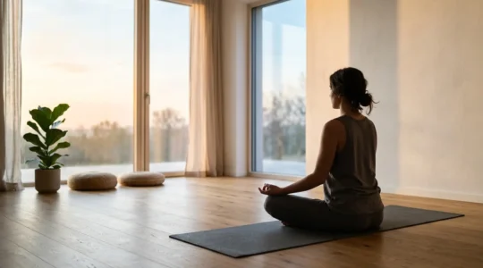 Personne en position de méditation face au lever du soleil dans un intérieur épuré
