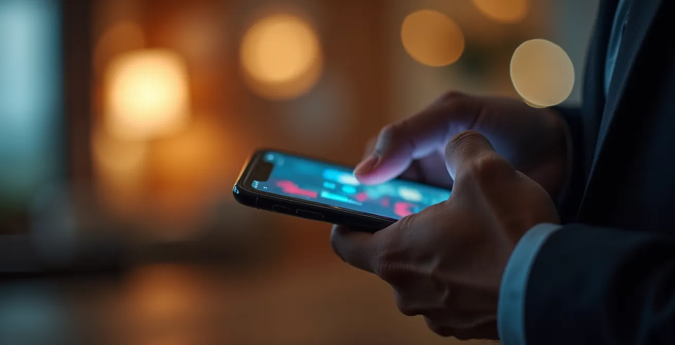 Main tenant un téléphone avec l'écran flou montrant un appel d'urgence en cours