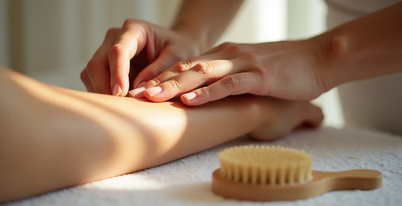 Gros plan sur une brosse naturelle en contact délicat avec la peau