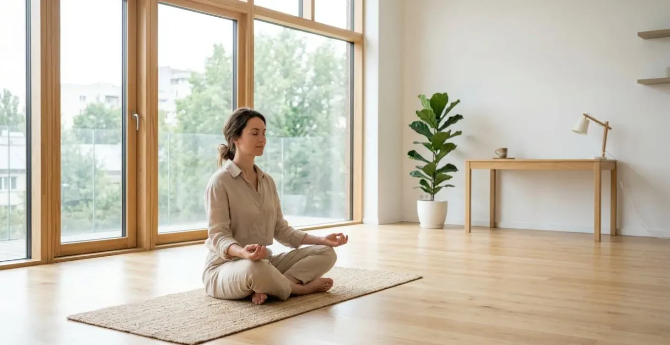 Personne en position de méditation dans un espace de travail épuré et lumineux